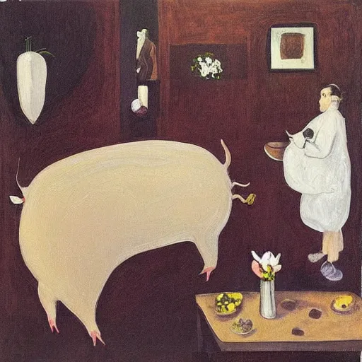 Prompt: “a portrait in an art student’s apartment, pig paintings on the wall, pork, ikebana white flowers, white wax, squashed berries, acrylic and spray paint and oilstick on canvas, by munch and Dali”