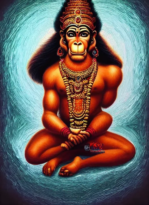 Prompt: a full body portrait of beautiful ornated hanuman!!!! god with flowing medium hair, soft facial features, kind appearence, digital art by krishen khanna and madhvi parekh, symmetrical body, artgerm, portrait, muted color scheme, highly detailed, outrun art style