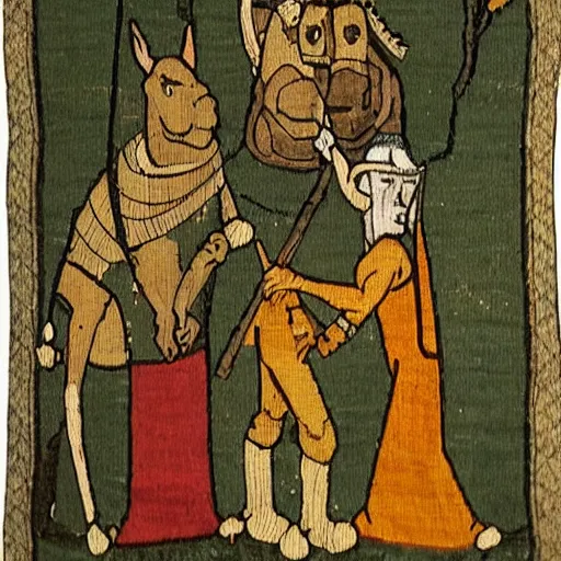 Image similar to medieval tapestry depicting shrek and donkey