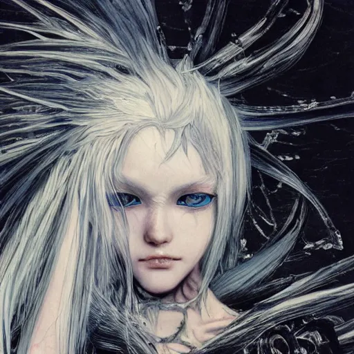 Image similar to Yoshitaka Amano realistic illustration of an anime girl with white hair and cracks on her face wearing dark souls armour with the cape fluttering in the wind, abstract black and white patterns on the background, noisy film grain effect, highly detailed, Renaissance oil painting, weird portrait angle