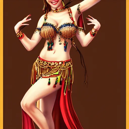 Image similar to very beautiful female belly dancer, smiling, flirty, eye contact, perfect face, perfect body, drawn by artgerm