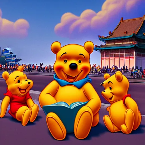 Image similar to winnie the pooh at tiananmen square sitting down on road in front of line of chinese tanks, award winning photography, extremely detailed, artstation, 8 k, sensual lighting, incredible art, wlop, artgerm