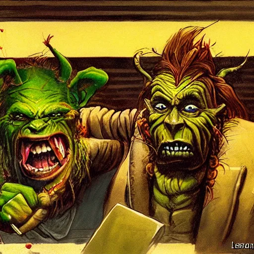 Prompt: greenskin goblin having a tantrum at mcdonalds cashier, by les edwards