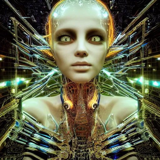 Image similar to blinded cybernetic deity dreaming itself into reality with its networked mind, lsd, circuitry, intricate detail, royo, whealan, giger, klimt, hd, octane render, unreal engine,