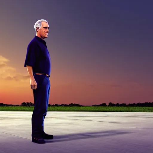 Prompt: aesthetic illustration of jeffrey epstein, wearing a dark blue polo shirt, standing by his bombardier private jet on an empty runway at dusk, cinematic lighting, high detail, volumetric lights, rule of thirds, unreal engine 5 render, pinterest wallpaper, trending on artstation