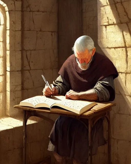 Prompt: old male scribe writing a book, middle ages | | realistic shaded, fine details, realistic shaded lighting poster by greg rutkowski, diego gisbert llorens, magali villeneuve, artgerm, jeremy lipkin and rob rey