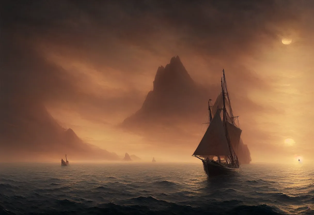 Image similar to strange sea surface of autumn planet at sunset, sailing ship on horizon, ultra high definition, ultra detailed, symmetry, fog, matte painting, by greg rutkowski and ross tran and wlop