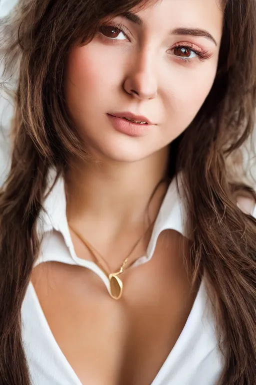 Image similar to 2 4 year old professional brunette female wearing white v - neck top, portrait, neck zoomed in, photo realistic, slr, golden hour, 4 k, high definition, selfie