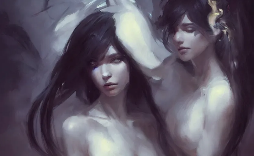 Prompt: a painting of aki trending on artstation in the style of greg rutkowski, beautiful, sensuality, natural, horns on head, long black hair, portrait