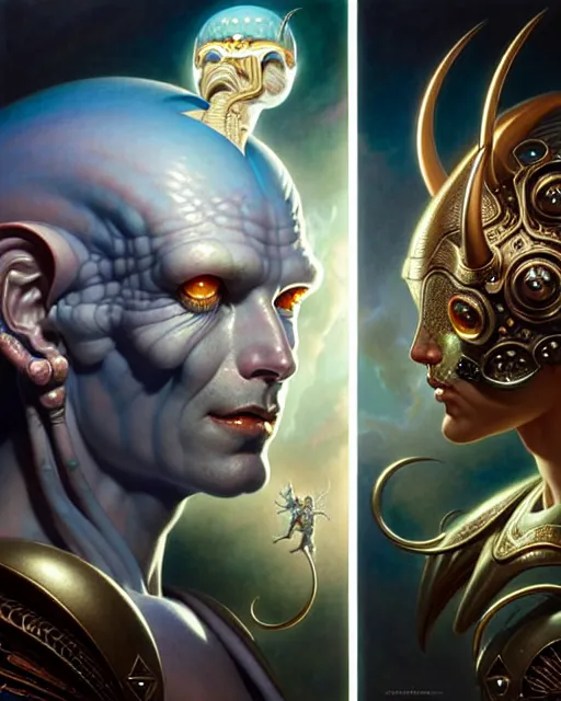 Image similar to beautiful gemini good and evil fantasy character portrait, ultra realistic, wide angle, intricate details, the fifth element artifacts, highly detailed by peter mohrbacher, hajime sorayama, wayne barlowe, boris vallejo, aaron horkey, gaston bussiere, craig mullins