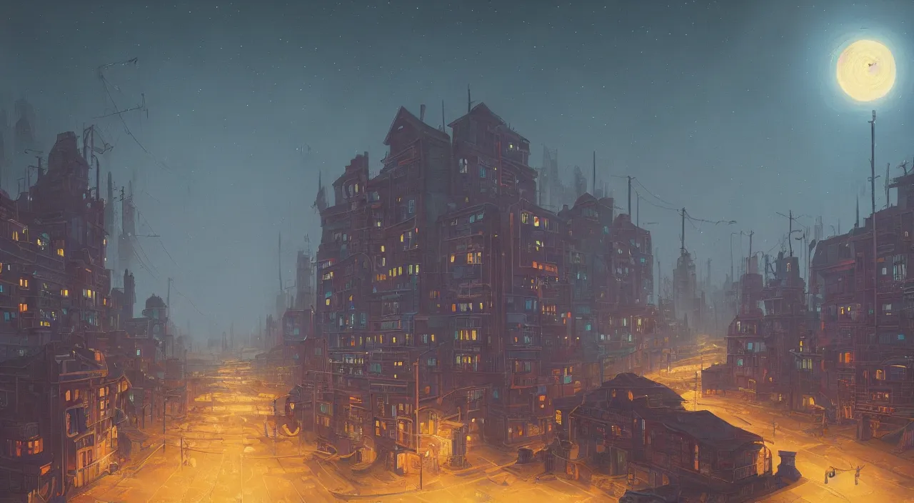 Prompt: A city at night, moonlight shining by Simon Stålenhag and Gerardo Dottori, oil on canvas.4k