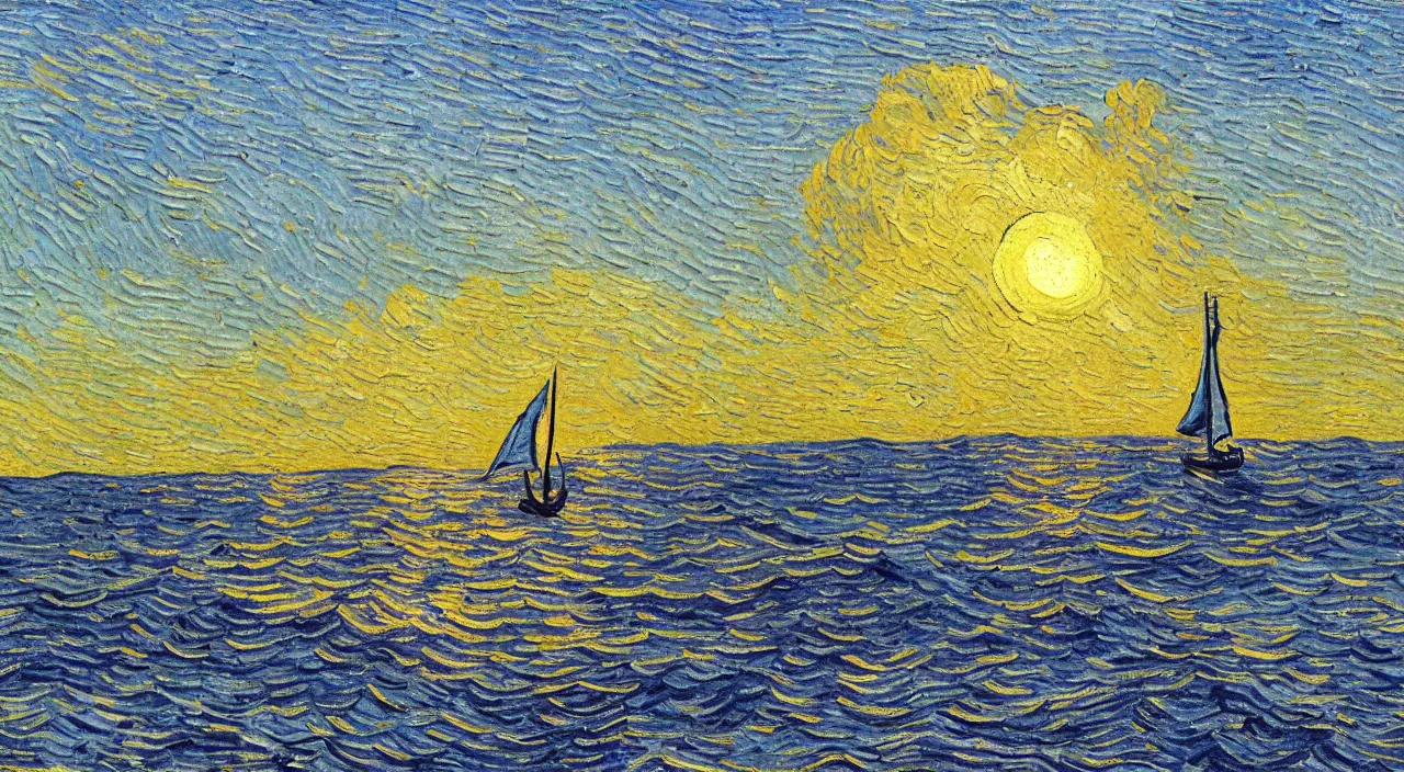 Image similar to detailed oil painting of sailing boat, sailing towards the rising sun, calm ocean, sunset lighting, clear blue sky, impressionist painting by vincent van gogh illustration, digital art, concept art