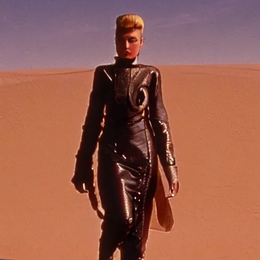 Image similar to avant - garde fashion model in leather, still from movie dune, highly detailed