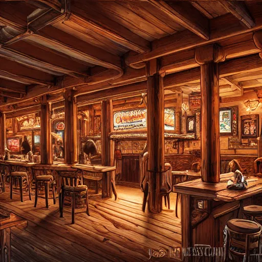 Image similar to old western saloon interior, extremely detailed, sharp focus, wide view, full body shot, smooth, digital illustration, by james jean, by rossdraws, frank franzzeta, sakimichan