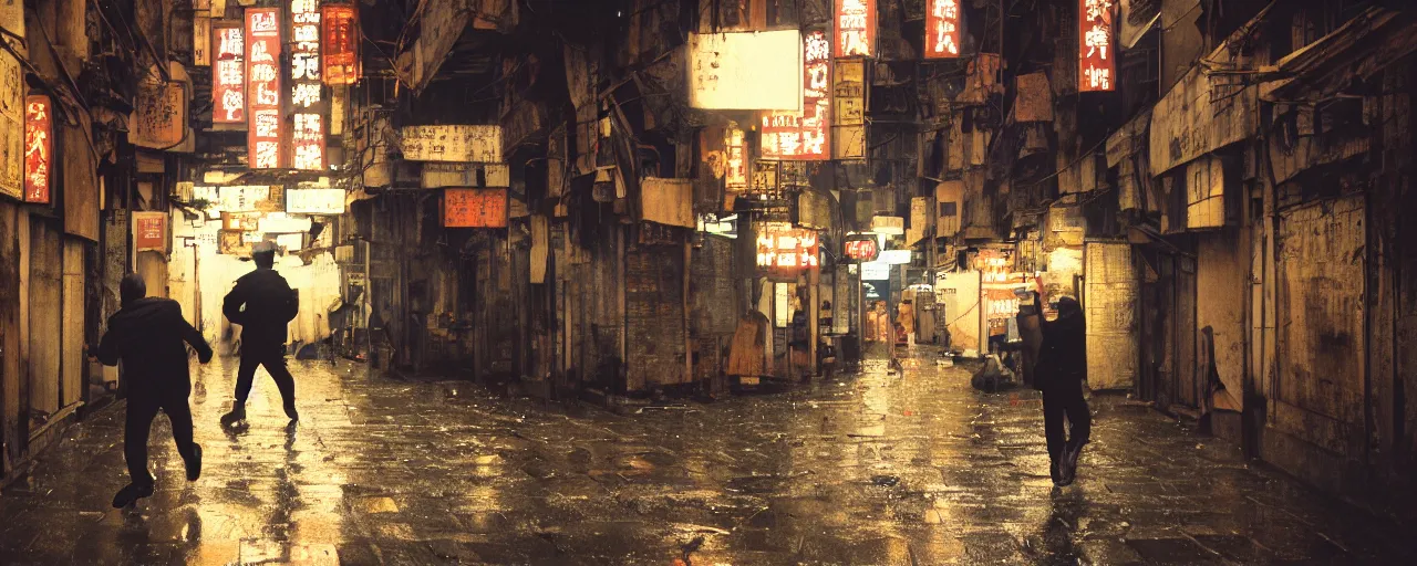 Prompt: dynamic pov 28mm lens view, following a black clad man running through a crowded narrow alley in kowloon walled city, , fluorescent lights, night, rain,, tungstem color balance, cinestill, street photography