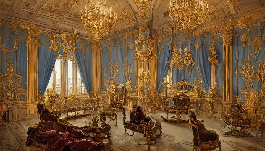 Prompt: the imperial throne room in the palace of fontainebleau of god emperor napoleon bonaparte, napoleon on the throne, dieselpunk, french baroque, rococo, napoleonic, science fiction, steampunk, sharp, concept art watercolor illustration by mandy jurgens and alphonse mucha, dynamic lighting