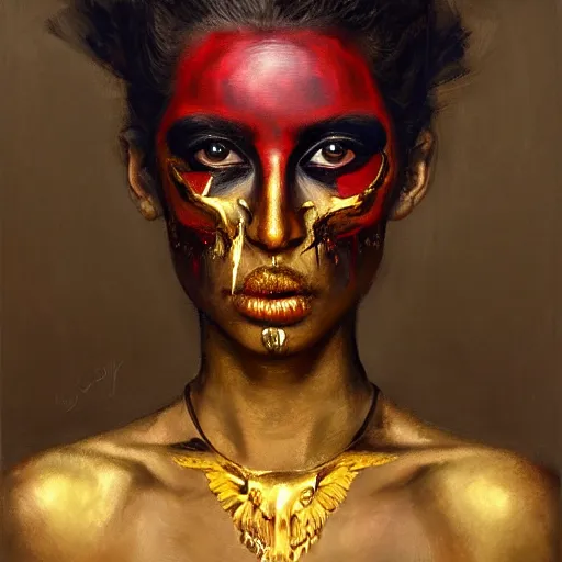 Prompt: portrait of the god of death, eyes made of gold, beautiful female face, angelic, black woman, golden eyes, dark, blood, by jeremy mann, by lucian freud, oil painting, god rays, female warrior, warrior face painting red, wings, gothic, holding a weapon, intricate, highly detailed, trending on artstation, award winning, cinematic