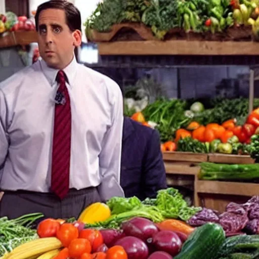 Prompt: Michael Scott wearing a dress at a vegetable stand