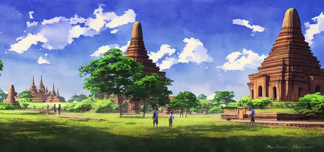 Prompt: sukhothai in the sunny day, watercolor, sukhothai in background, high quality realistic landscape, anime, romantic sky, volumetric lighting, art by makoto shinkai
