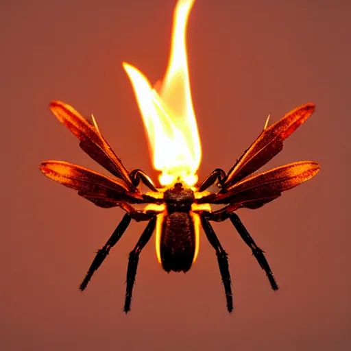 Prompt: winged spider monster with firelight body :: godly presence :: photograph