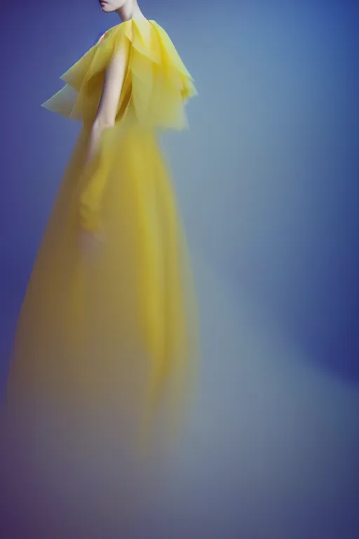 Image similar to a model wearing haute couture from valentino, macro photography, long exposure photograph, surrealism, anamorphic bokeh, cozy, soft light, yellow and blue, caustic, atmospheric fog, octane render, cinematic