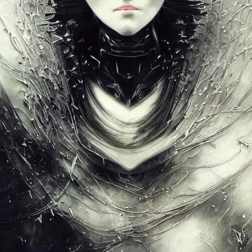 Image similar to yoshitaka amano blurred and dreamy illustration of an anime girl with wavy white hair and cracks on her face wearing elden ring armour with the cape fluttering in the wind, abstract black and white patterns on the background, noisy film grain effect, highly detailed, renaissance oil painting, weird portrait angle