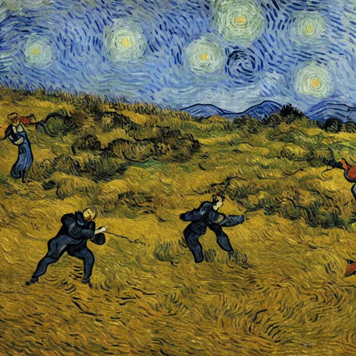 Image similar to adult man and woman playing on the open moorland, painting by van gogh