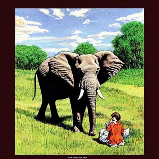 Image similar to Portrait of an elephant on a green meadow, Book for elementary school students, style Franklin Booth