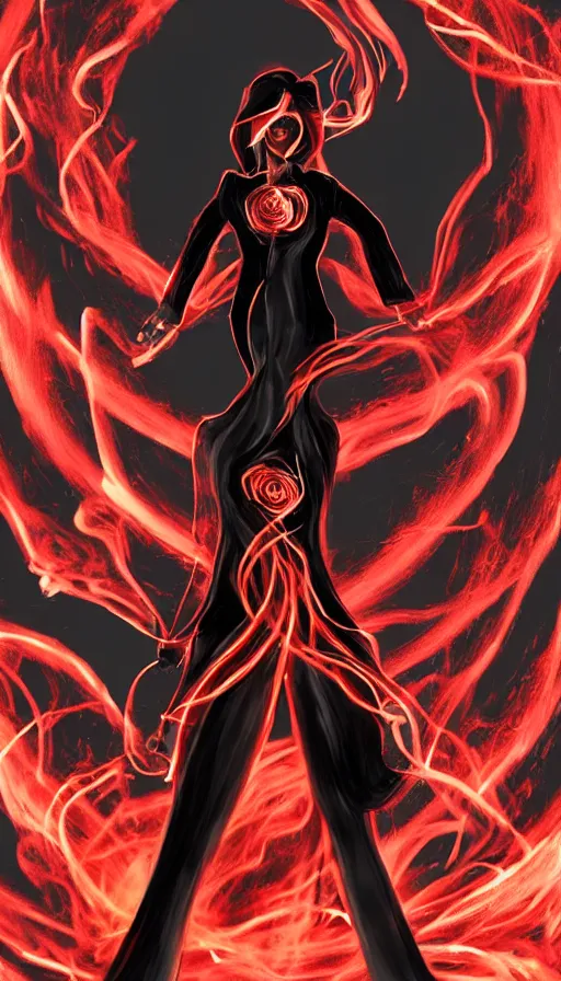 Image similar to Woman made of black flames, wearing a strict business suit, with no face, with glowing red eyes, with a red halo over her head, with red halo glowing out of her wrists, looking off to the side, growing out of a giant rose, rose petals flying in the wind, war, authoritarian, tense, digital painting, artstation, indieground, madness combat, strong dramatic cinematic lighting , blood red sky, grey skin, smooth, sharp focus, extremely detailed, illustration, concept art, sharp focus, by Annie Swynnerton and Nicholas Roerich, Godmachine, alphonse mucha''