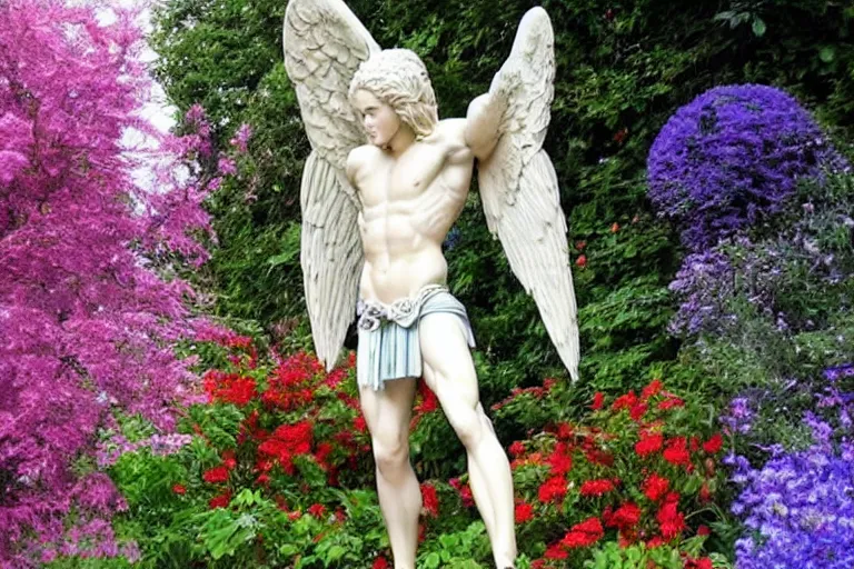 Prompt: beautiful pale gigachad gardener angel, blonde flowing hair, herculean lean muscular body, wearing a toga with many flowers, beautiful colourful hanging gardens, gigantic with a blue orb hovering over a temple in the background