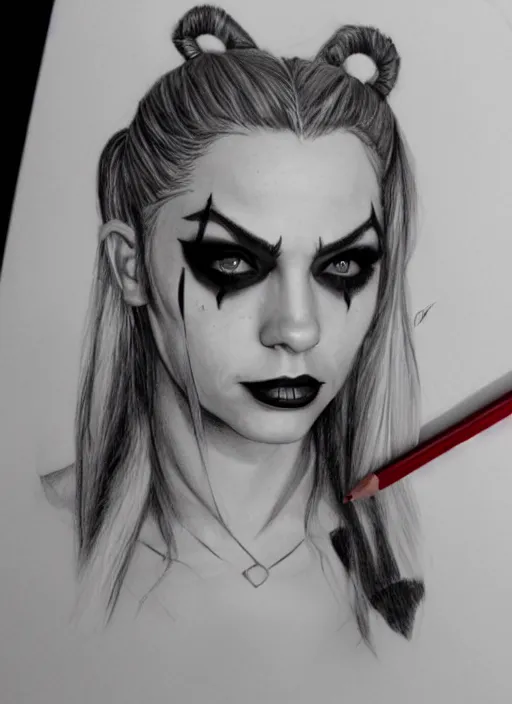 Image similar to a pencil drawing of harley quinn, highly detailed