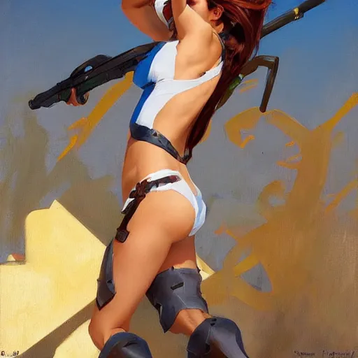 Image similar to greg manchess painting of tracer wearing a bikini knight armor, medium shot, organic painting, sunny day, bold shapes, hard edges, street art, trending on artstation, by huang guangjian and gil elvgren and sachin teng and artgerm and greg rutkowski and alphonse mucha