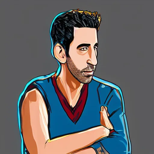 Prompt: digital artwork of ross geller sitting in central perk, in the style of artgerm, detailed face, expressive face,