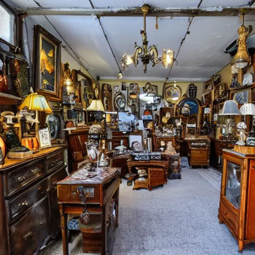 Image similar to a wide angle photo of an antique shop