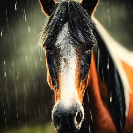 Image similar to photorealistic emo horse smiling widely gazing into the camera in the rain, stylish lighting, award winning photo