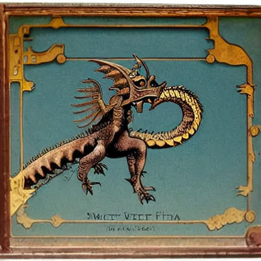 Image similar to a dragon with steam punk machine on it's side, book illustration, beatrix potter