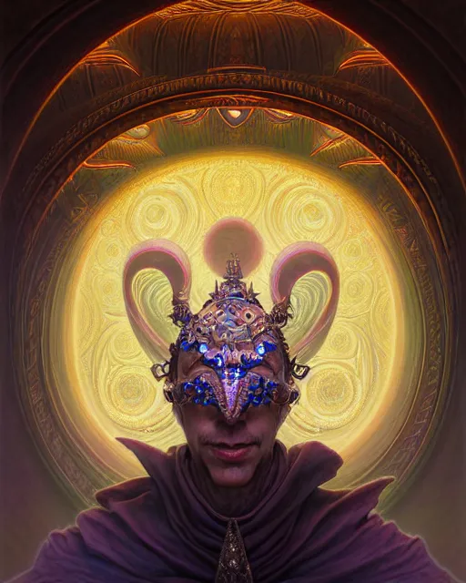 Image similar to front shot of a court jester character, hyperdimensional, bioluminescent hypercubes, ((intricate)), elegant, highly detailed, centered, (((artstation, concept art, smooth, sharp focus, artgerm, Tomasz Alen Kopera, Peter Mohrbacher, donato giancola, Joseph Christian Leyendecker, WLOP, Boris Vallejo))), mugshot!!!!!, ugly!!!!!!, octane render, nvidia raytracing demo, grainy, muted