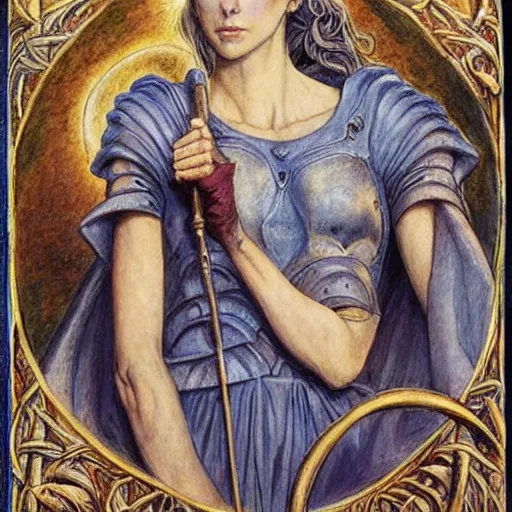 Prompt: most beautiful jeanne d'arc in the style of william blake, terese nielsen, detailed, intricate, beautiful faces, steve argyle, epic, mesmerizing, triumphant fate, pastoral fantastic reality