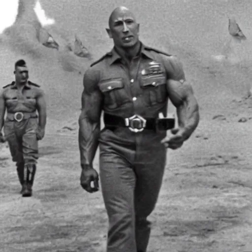 Image similar to Colorized grainy photo of Dwayne the rock johnson as an officer during WW2