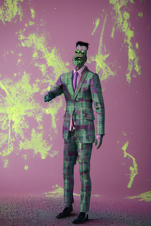 Prompt: a scene with a monster wearing a super detailed muted color diy! suit with fluo details, vivienne westwood!, detailed photoreal render octane render, pointillism, full body