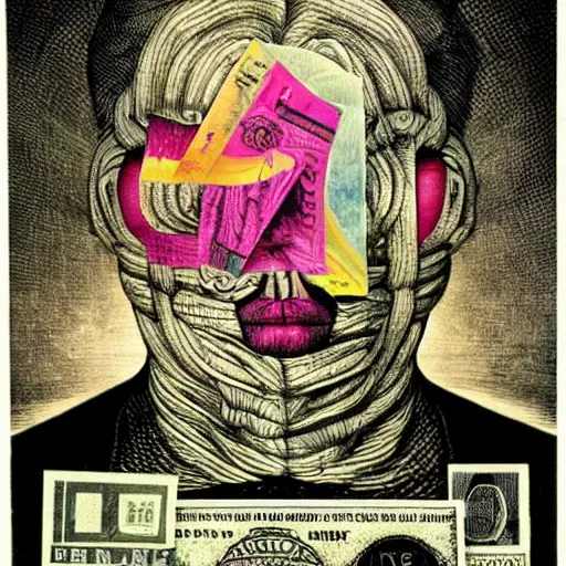 Image similar to post - punk new age album cover, asymmetrical design, frame of a dollar bank notes, capitalism, magic, apocalypse, psychedelic, black white pink, magic, giger h. r., giuseppe arcimboldo