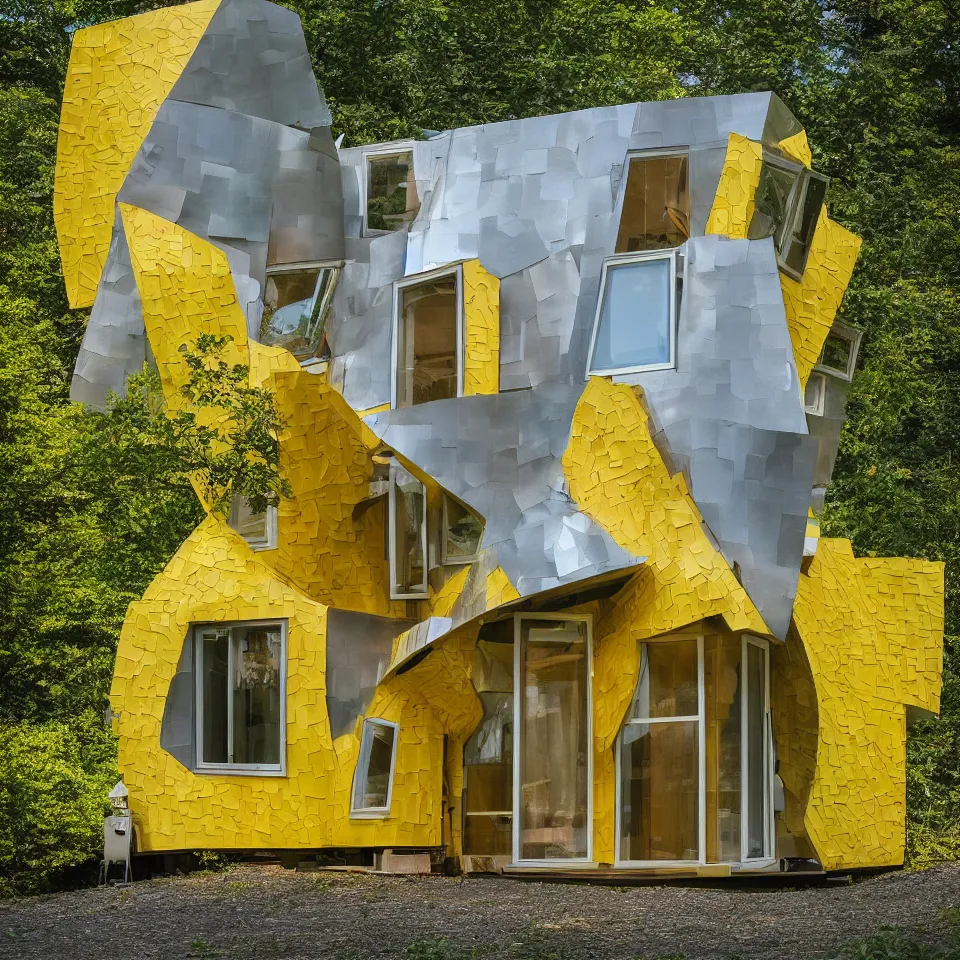 Image similar to a tiny tiny house in clearing, designed by Frank Gehry. Tiles. Film grain, cinematic, yellow hue