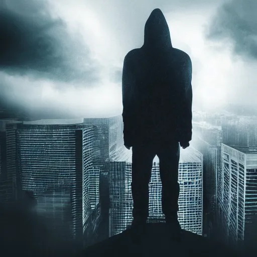 Prompt: ominous shadowy figure of a monster inside the clouds of a modern day city, eerie, creepy, hyper realistic, 8k, cinematic