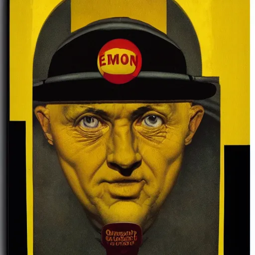 Image similar to lemon headed man with hard black eyes very relaxed, rule of thirds, super sharp, 4 k, ultra detailed, norman rockwell, richard corben, epic scope.