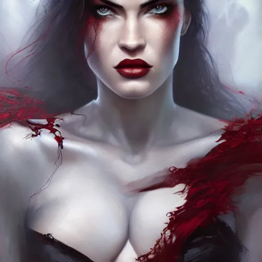 Prompt: portrait of megan fox, sexy muscular upper body, blood red eyes, vampire, fantasy, intricate, elegant, highly detailed, digital painting, artstation, concept art, matte, sharp focus, illustration, art by aenaluck and roberto ferri and greg rutkowski, epic fantasy, digital painting