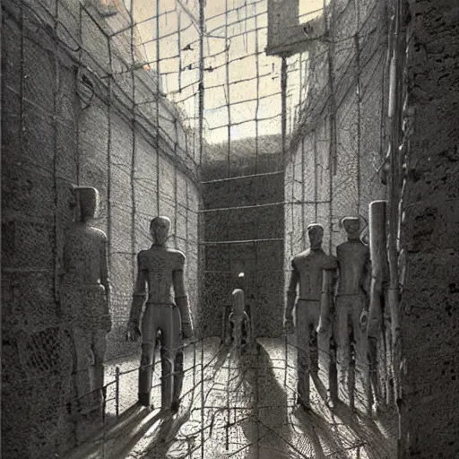 Prompt: humanoid robot prisoners in a dystopian prison yard, guards watching them, highly detailed beksinski art