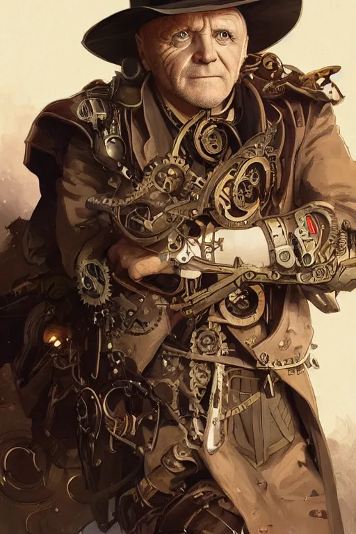 Image similar to anthony hopkins steampunk half - cyborg cowboy, pelt coats, high fantasy, dnd, smooth, sharp focus, illustration, highly detailed, digital painting, artstation, concept art, by rossdraws, alphonse mucha, frank fanzzeta, collectible card art