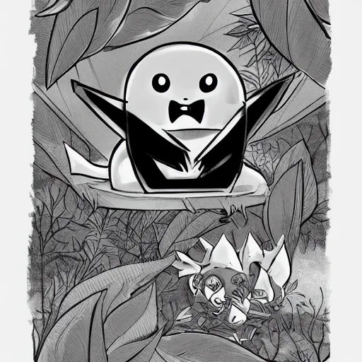 Image similar to dark, cute, grayscale, void living'leaves bush'creature, bright eyes, pokemon, hayao miyazaki, digital illustration, clipart, cartoon