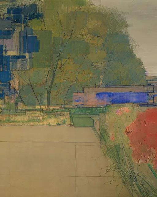 Image similar to reclaimed by nature by richard diebenkorn, wallpaper, highly detailed, trending on artstation.