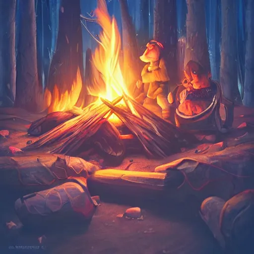 Image similar to close up, zoom up, campfire in the night, stylized, artgerm, artstation, hd, cgsociety, cgi, realistic, dramatic, cinematic, artistic, trending, detailed